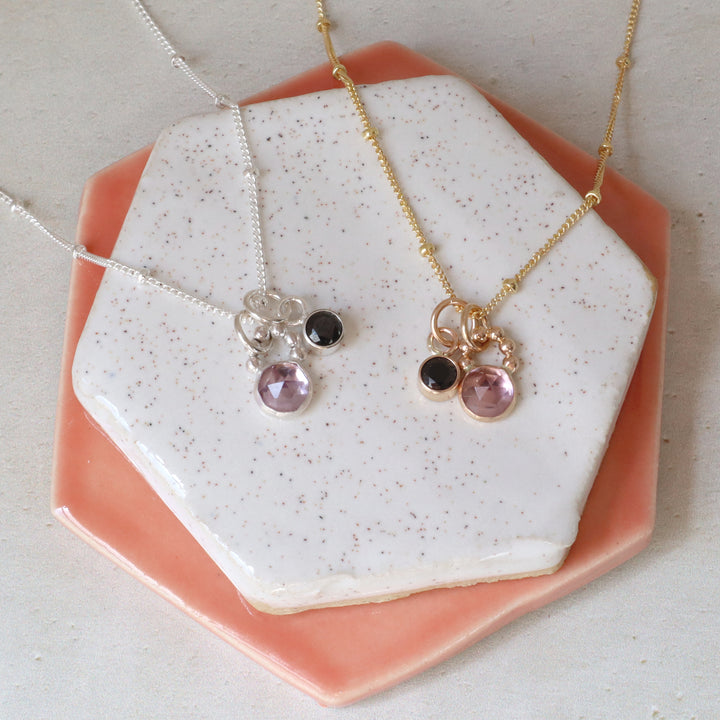 one of a kind charm necklaces with amethyst and black CZ in sterling silver or 14k gold filled