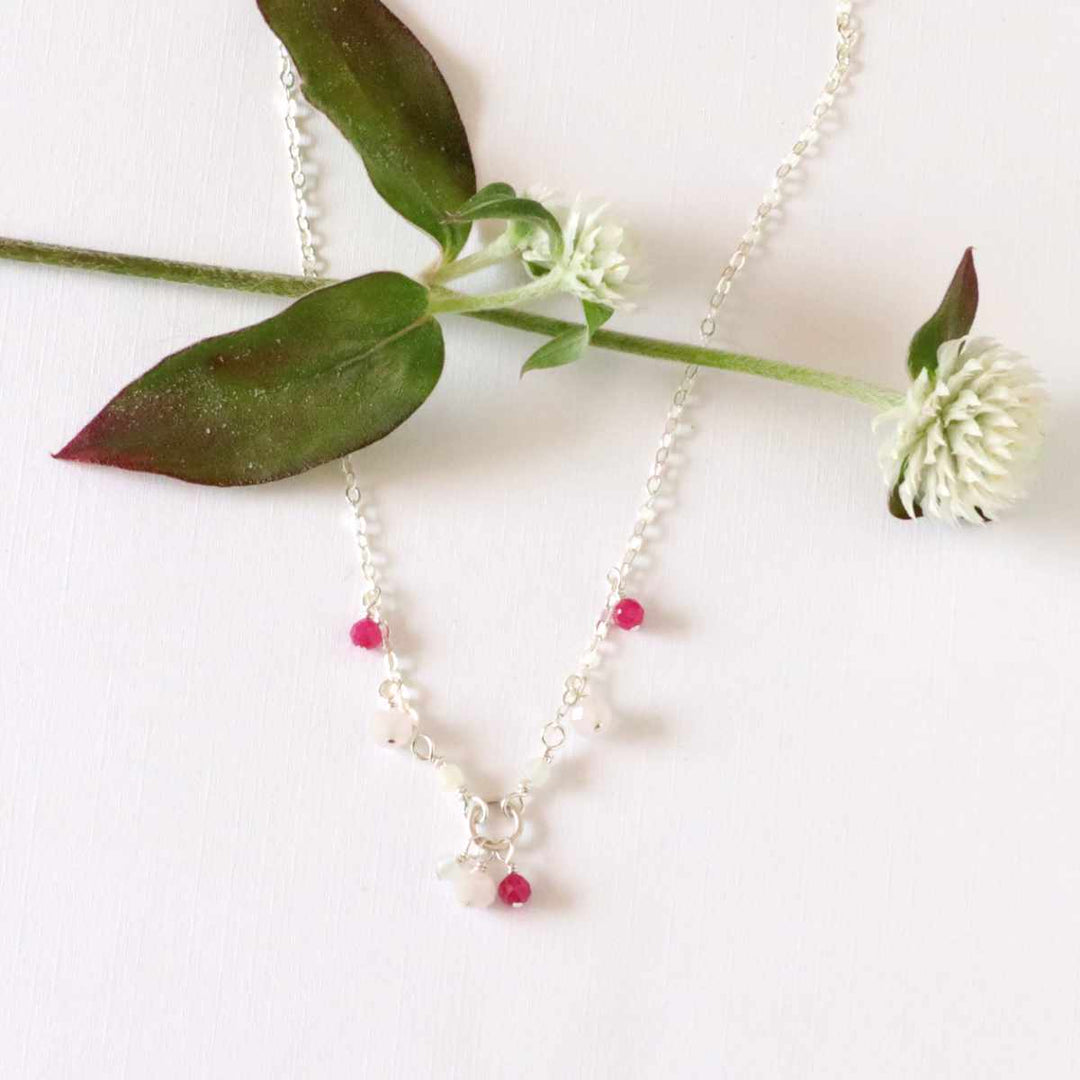 Rose quartz, ruby and white moonstone necklace in sterling silver or 14k gold filled