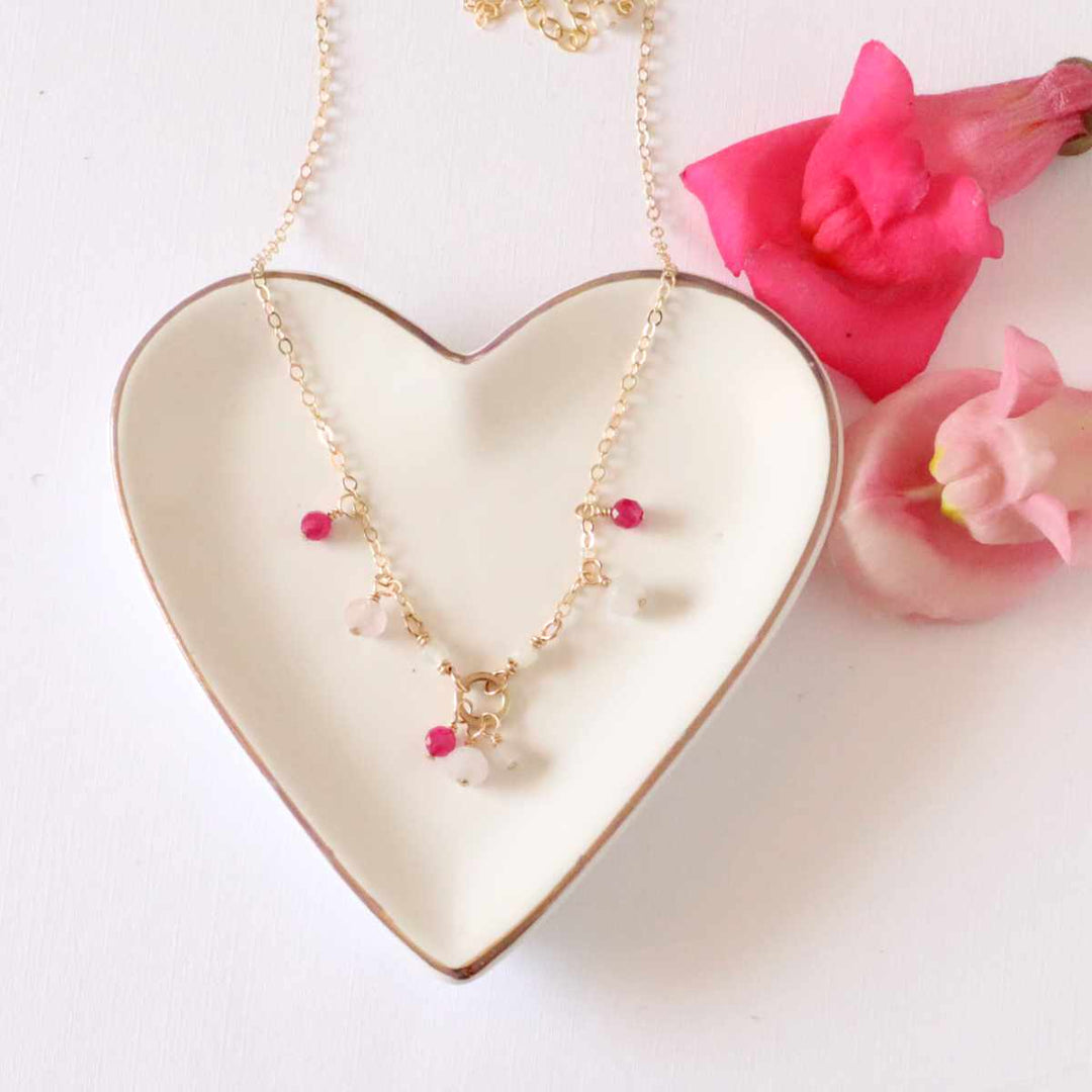 Rose quartz, ruby and white moonstone necklace in sterling silver or 14k gold filled