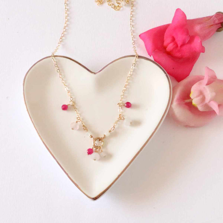 Rose quartz, ruby and white moonstone necklace in sterling silver or 14k gold filled