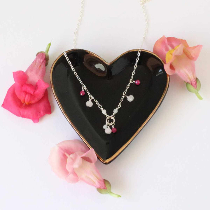 Rose quartz, ruby and white moonstone necklace in sterling silver or 14k gold filled