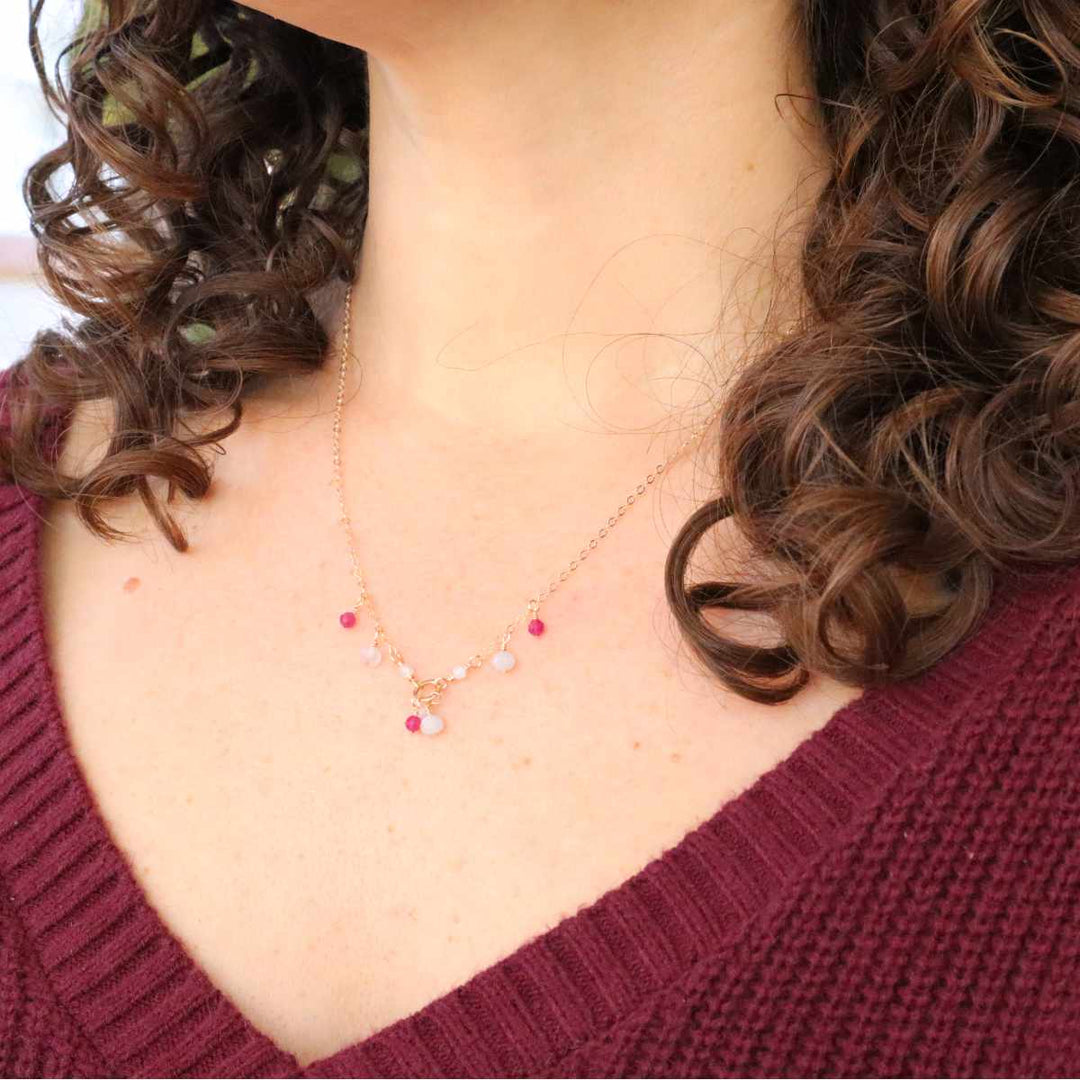 Rose quartz, ruby and white moonstone necklace in sterling silver or 14k gold filled