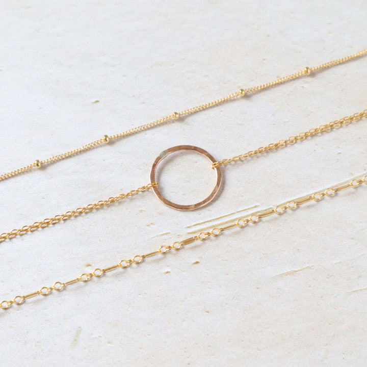 dainty dream bracelet set includes twinkle chain, hammered circle and glimmer chain bracelet in sterling silver or 14k gold filled