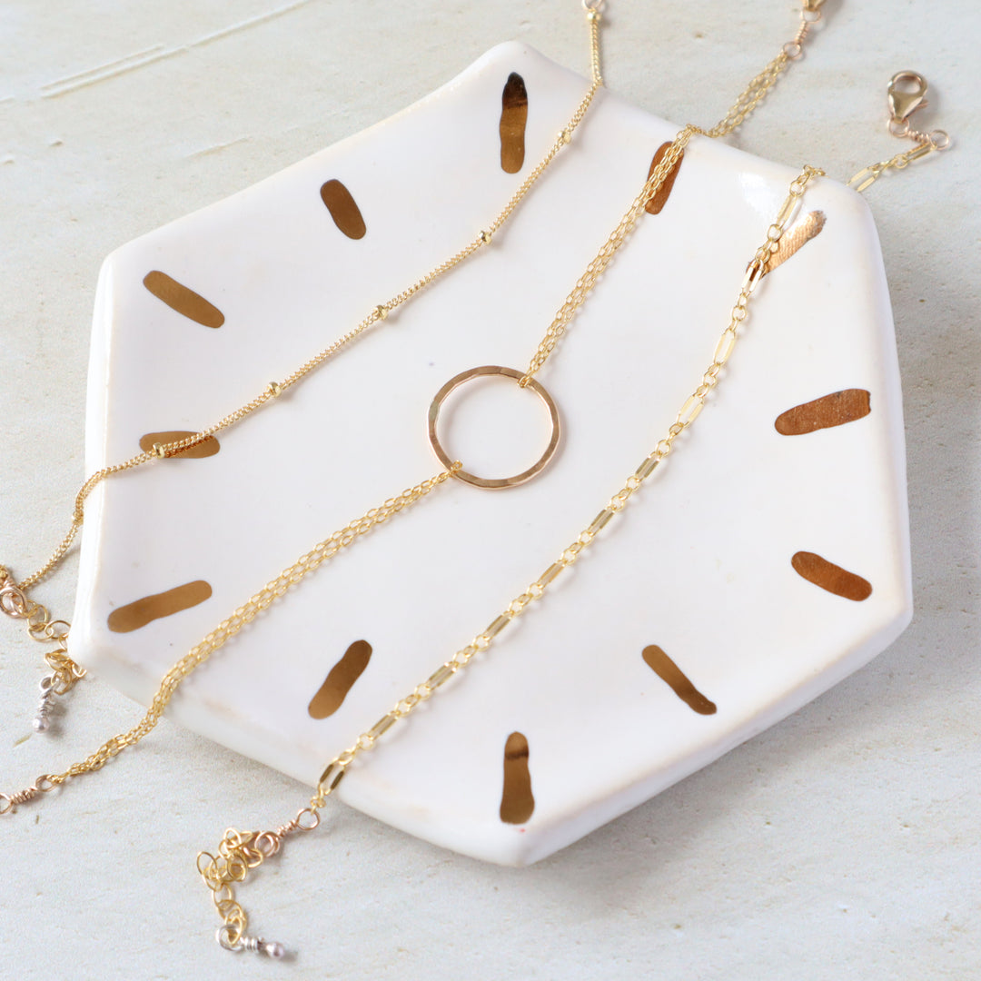 dainty dream bracelet set includes twinkle chain, hammered circle and glimmer chain bracelet in sterling silver or 14k gold filled