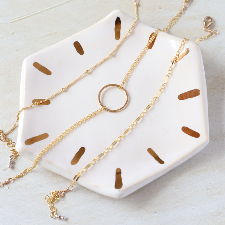 dainty dream bracelet set includes twinkle chain, hammered circle and glimmer chain bracelet in sterling silver or 14k gold filled