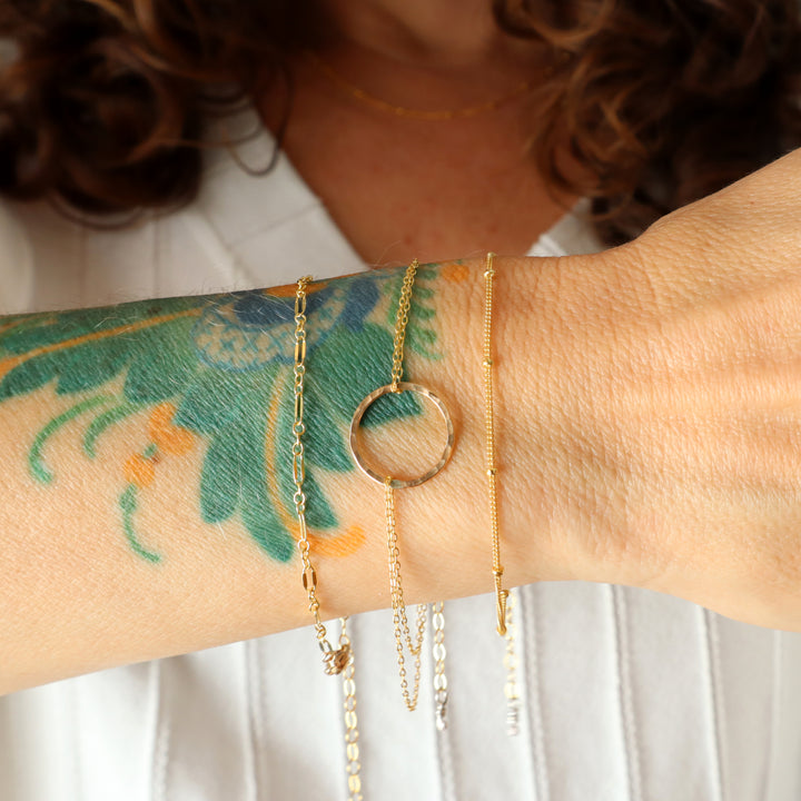 dainty dream bracelet set includes twinkle chain, hammered circle and glimmer chain bracelet in sterling silver or 14k gold filled