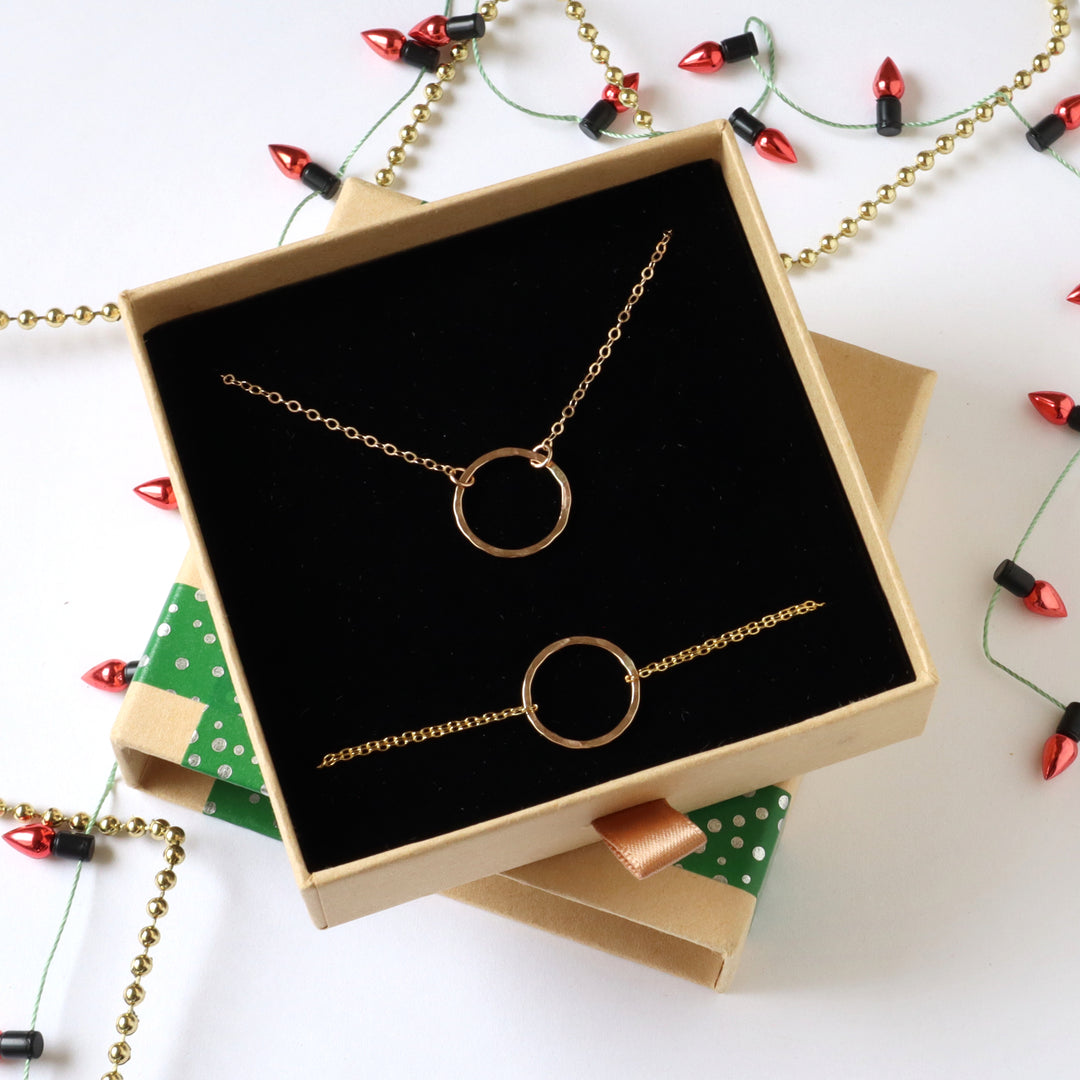 circle jewelry gift set with necklace bracelet or earrings in sterling silver or 14k gold filled with holiday gift box