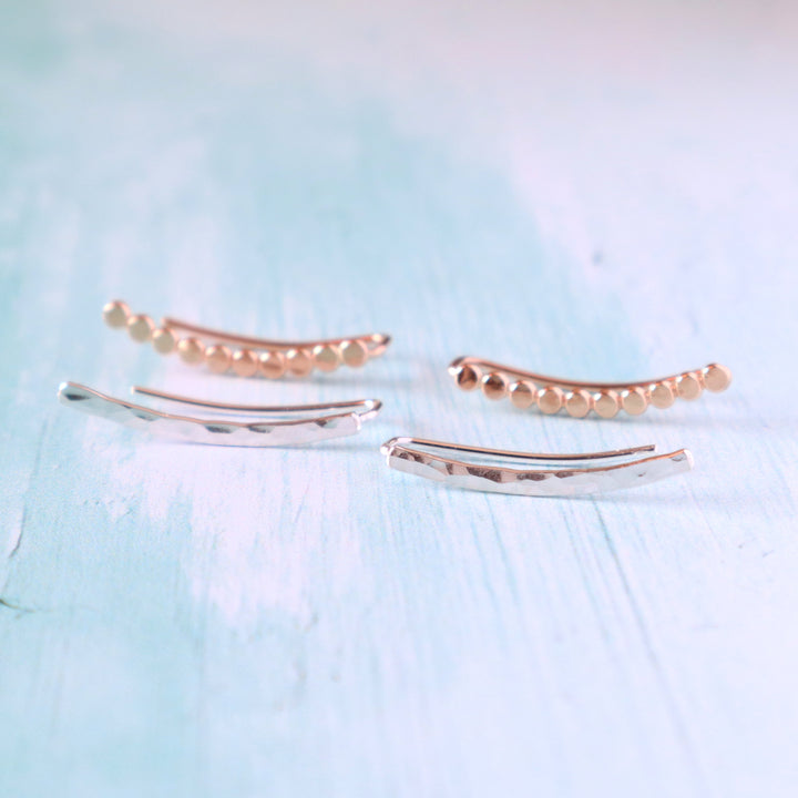 Sterling silver and 14k gold filled hammered and beaded ear climber earrings