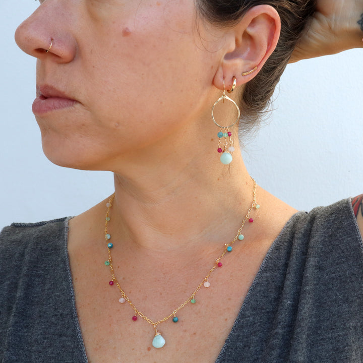 golden hour earrings with amazonite blue apatite chrysoprase ruby and rose quartz in sterling silver or 14k gold filled