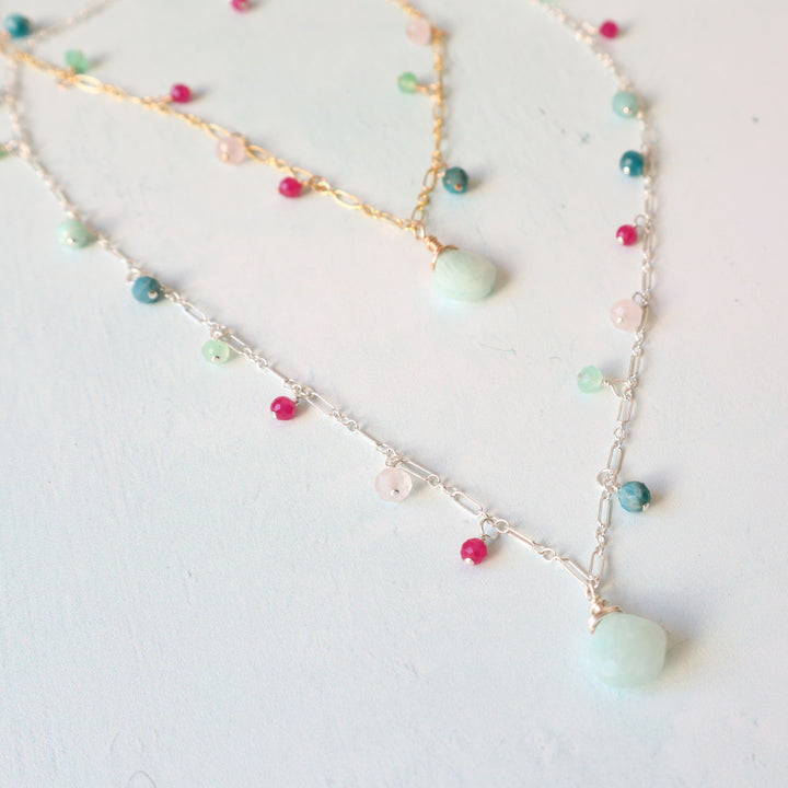golden hour necklace with amazonite blue apatite chrysoprase ruby and rose quartz in sterling silver or 14k gold filled