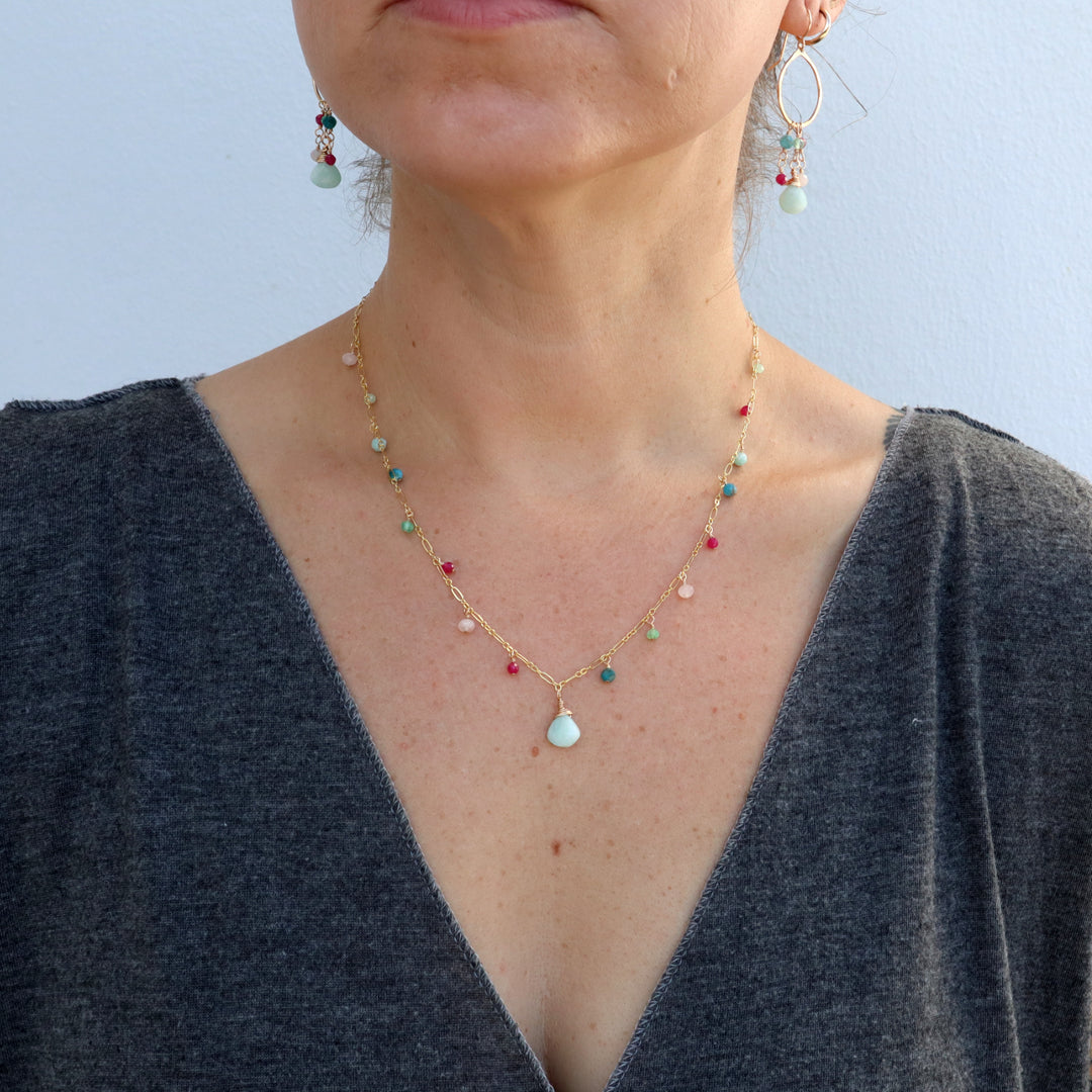 golden hour necklace with amazonite blue apatite chrysoprase ruby and rose quartz in sterling silver or 14k gold filled