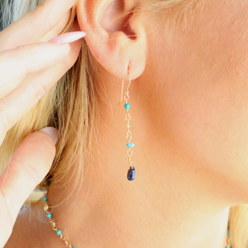 salt water earrings with lapis turquoise and peridot gemstones in sterling silver or 14k gold filled