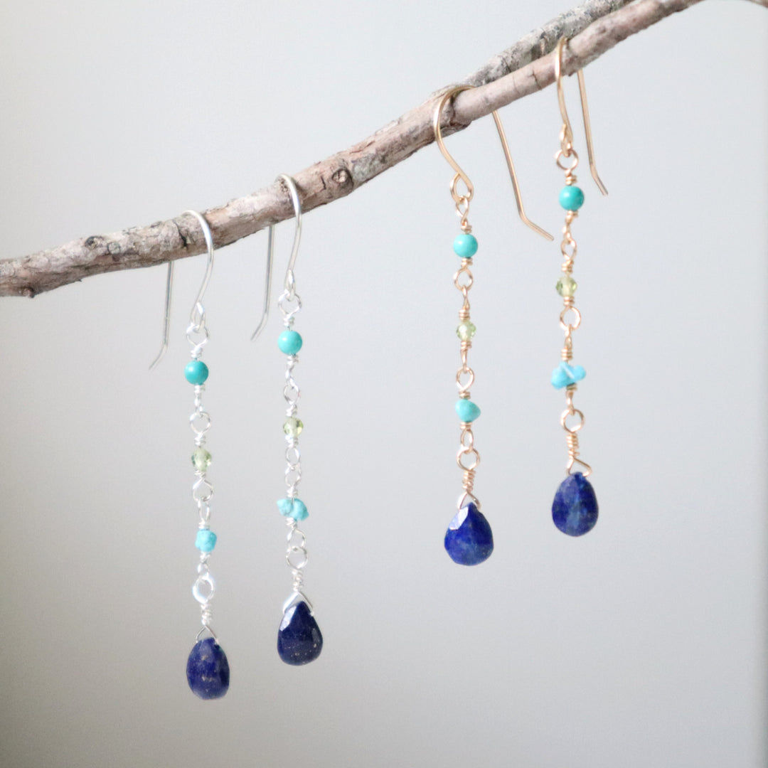 salt water earrings with lapis turquoise and peridot gemstones in sterling silver or 14k gold filled