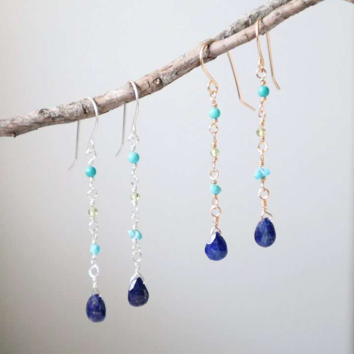 salt water earrings with lapis turquoise and peridot gemstones in sterling silver or 14k gold filled