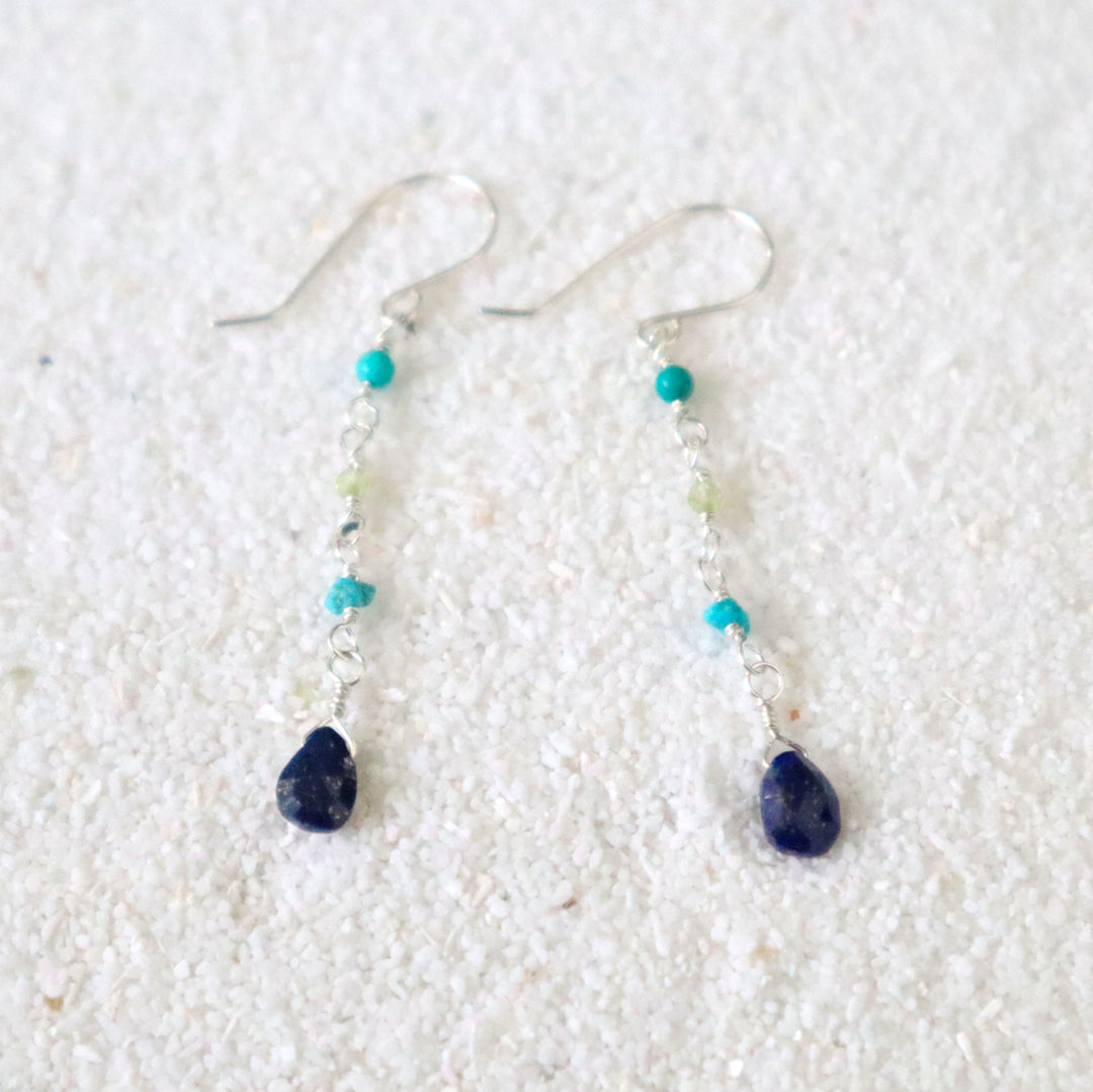 salt water earrings with lapis turquoise and peridot gemstones in sterling silver or 14k gold filled