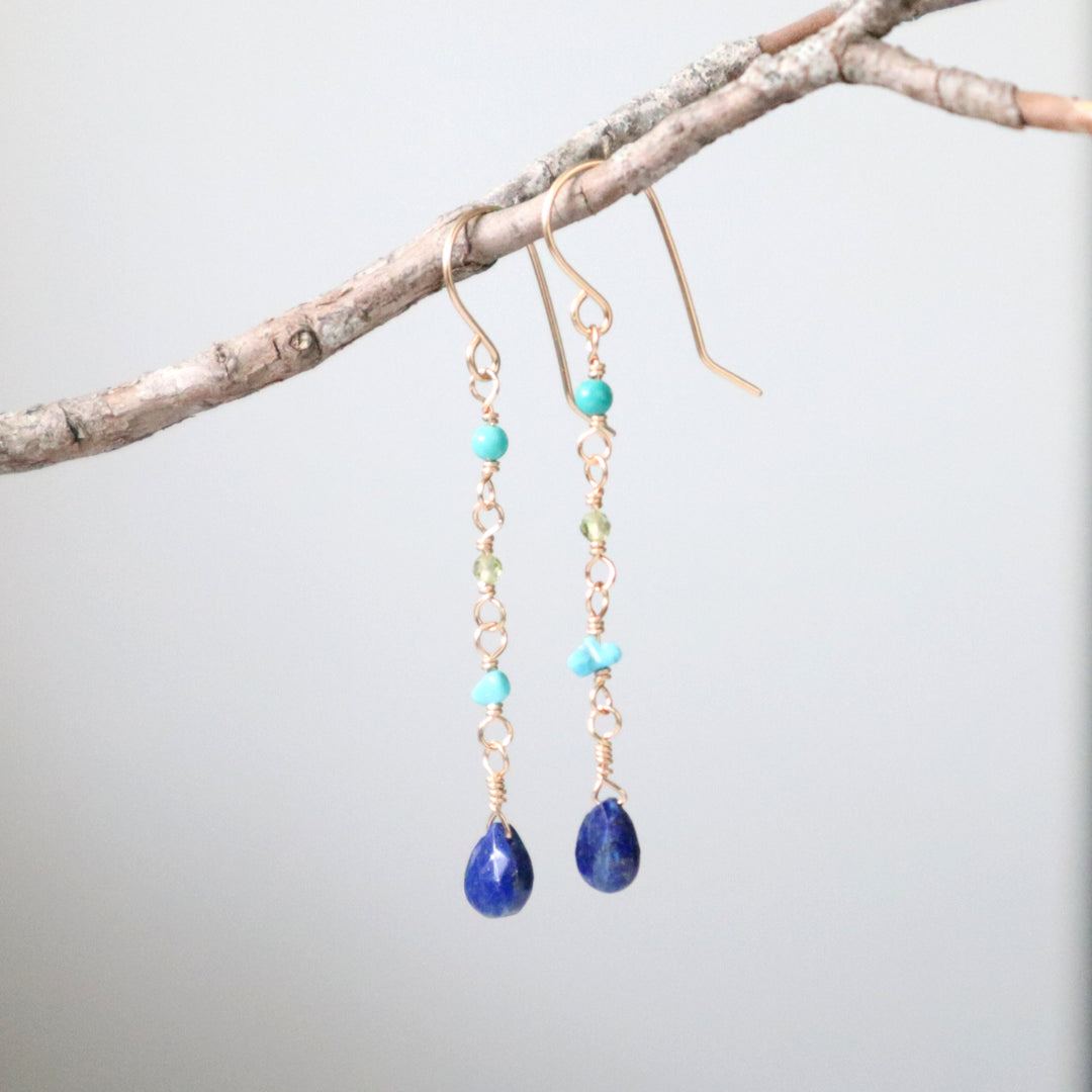 salt water earrings with lapis turquoise and peridot gemstones in sterling silver or 14k gold filled
