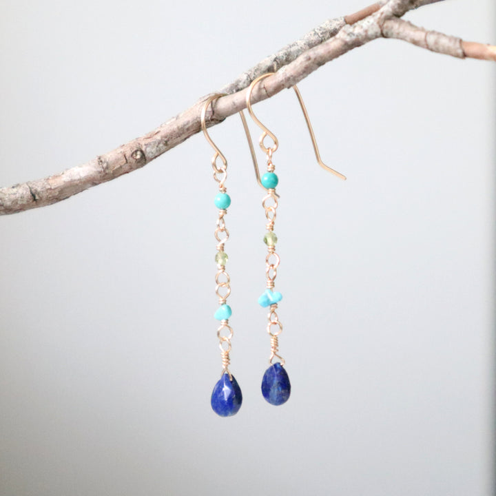 salt water earrings with lapis turquoise and peridot gemstones in sterling silver or 14k gold filled