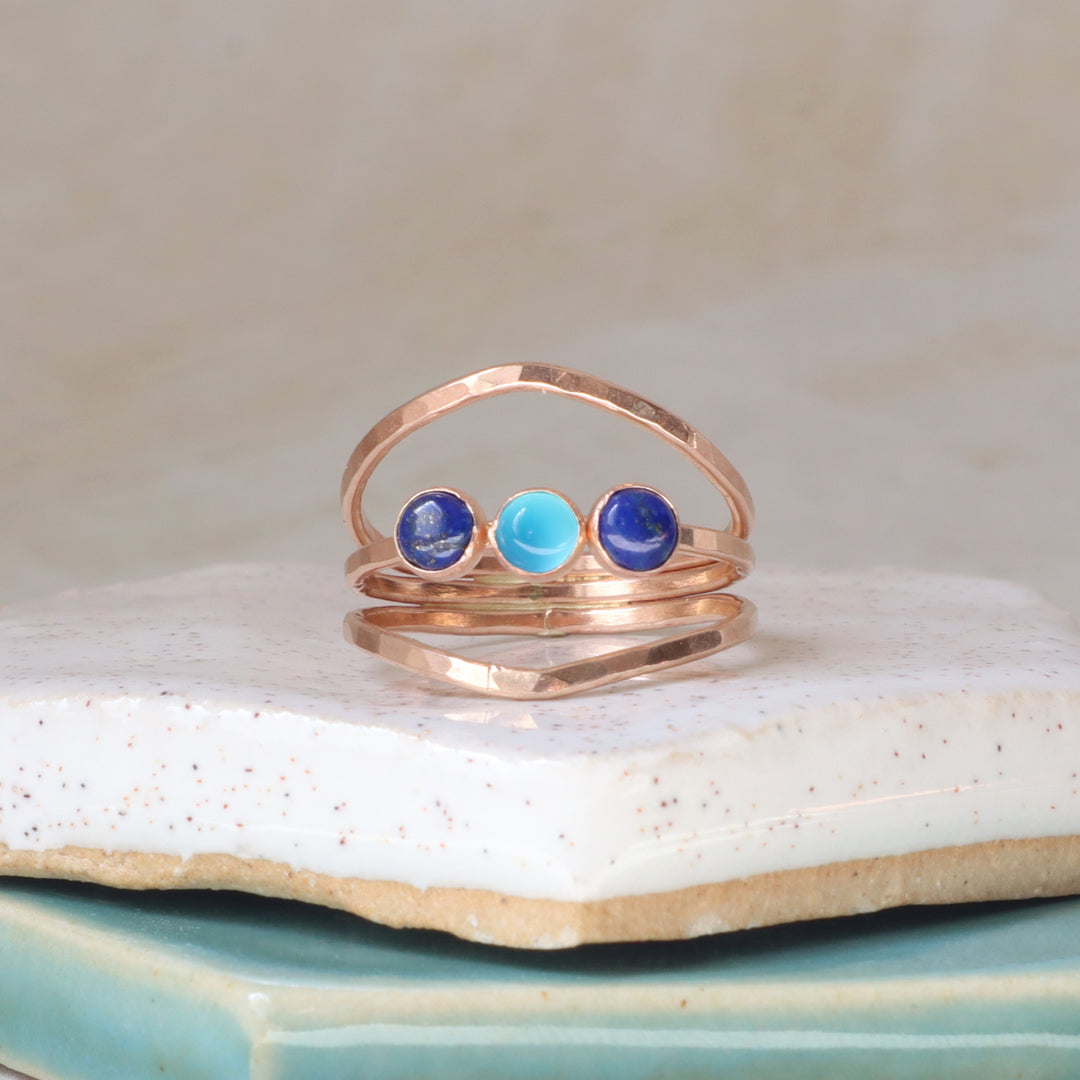 14k gold filled triple hammered band ring with lapis and blue onyx gemstones