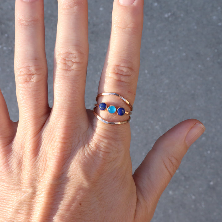 14k gold filled triple hammered band ring with lapis and blue onyx gemstones