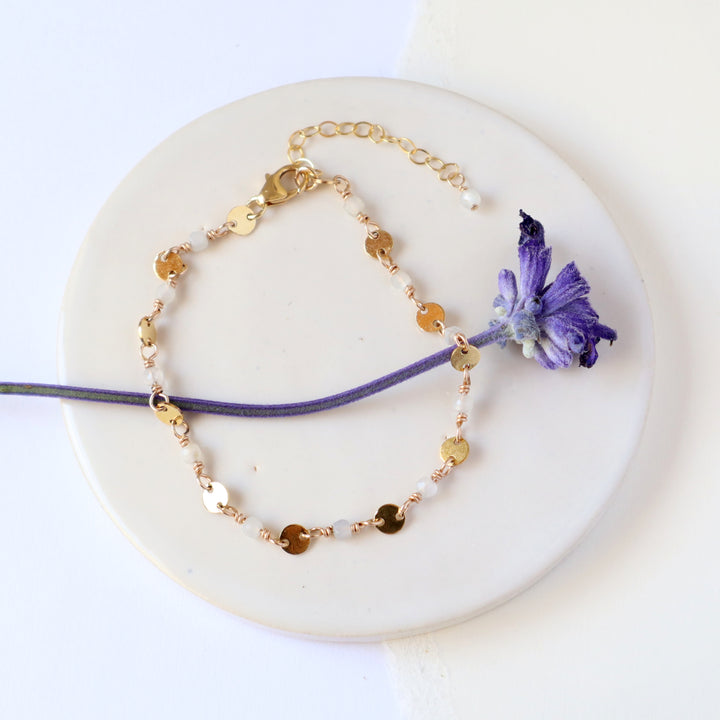 stardust bracelet in sterling silver or 14k gold filled with white moonstone pink tourmaline or blue tourmaline