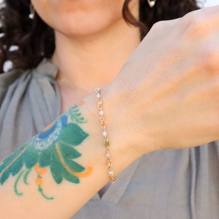 stardust bracelet in sterling silver or 14k gold filled with white moonstone pink tourmaline or blue tourmaline