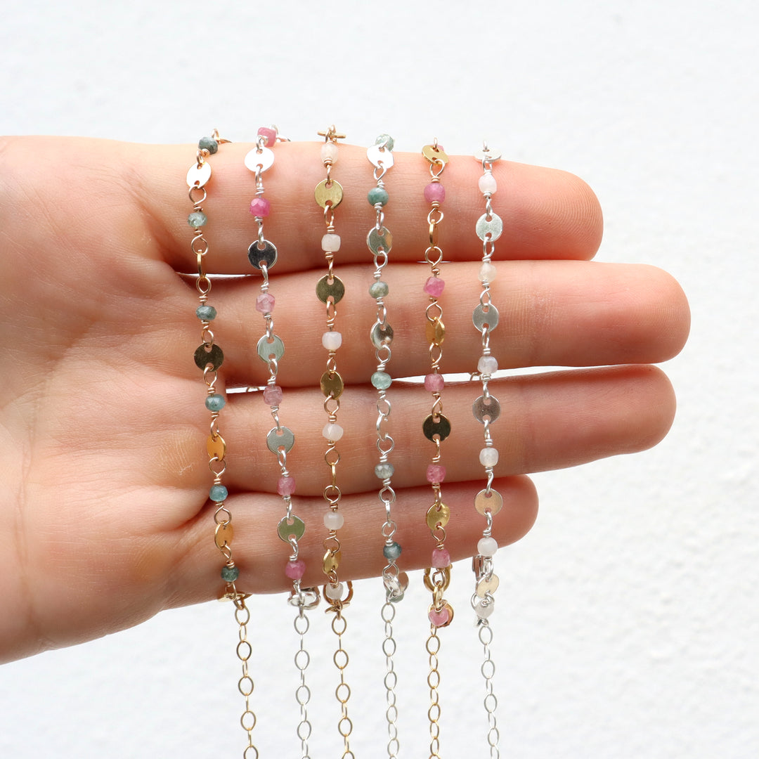 stardust bracelet in sterling silver or 14k gold filled with white moonstone pink tourmaline or blue tourmaline