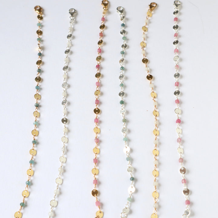 stardust bracelet in sterling silver or 14k gold filled with white moonstone pink tourmaline or blue tourmaline