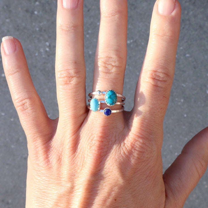 sterling silver one of kind ring with turquoise and lapis on a hammered triple band