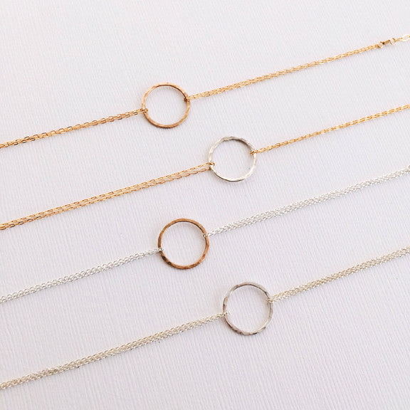 Dainty hammered circle bracelets in mixed metals or sterling silver or 14k gold filled