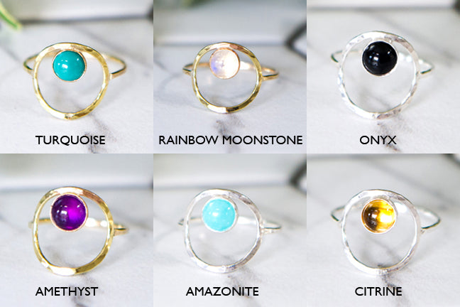 Open circle ring with gemstone in sterling silver or 14k gold filled