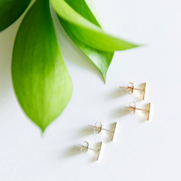 Dainty hammered bar staple earrings in sterling silver or 14k gold filled