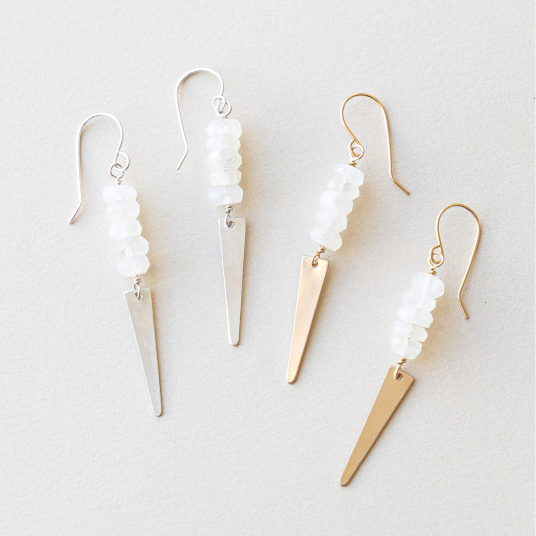rainbow moonstone spike earrings in sterling silver or 14k gold filled