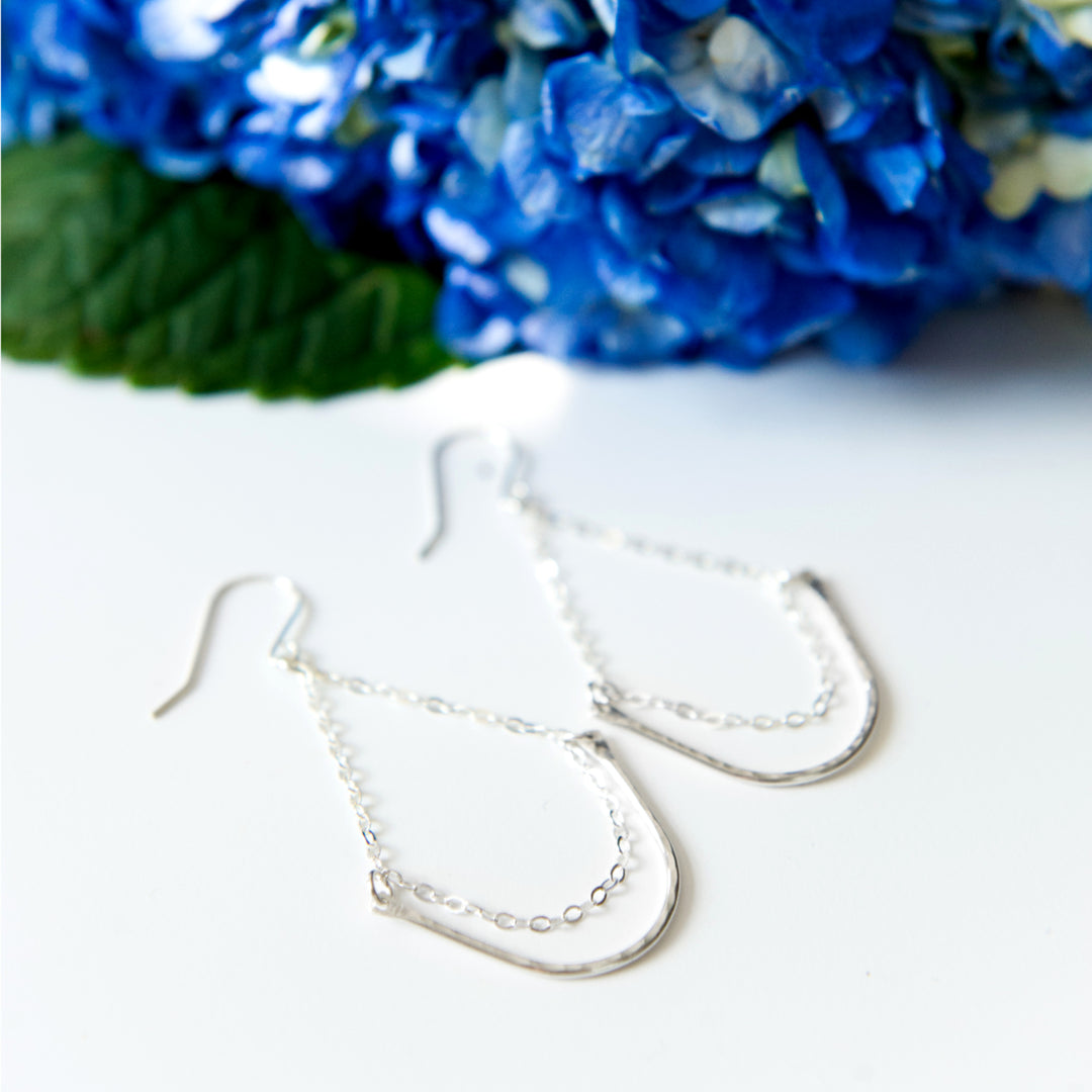 Dainty hammered teardrop dangle earrings in sterling silver or 14k gold filled by Blossom and Shine