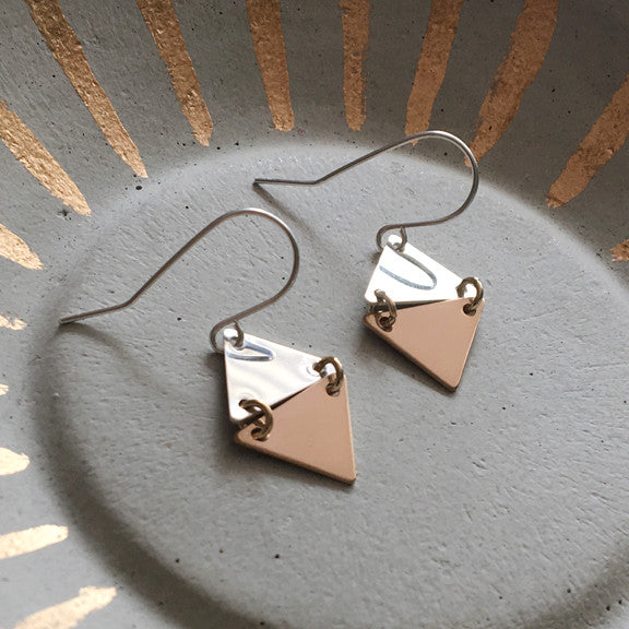 Mixed metal tiny triangle earrings in sterling silver and 14k gold filled by Blossom and Shine