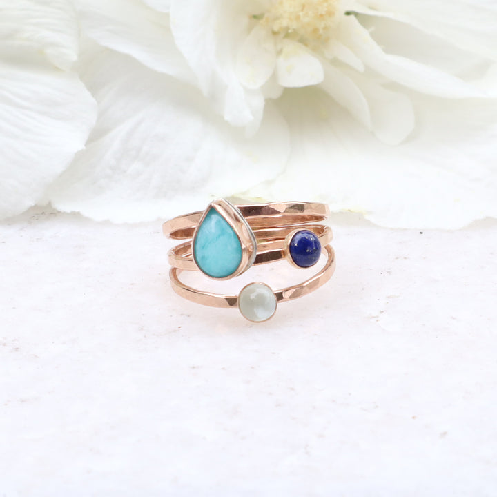 one of a kind 14k gold filled hammered triple ring band featuring amazonite, lapis and aquamarine gemstones