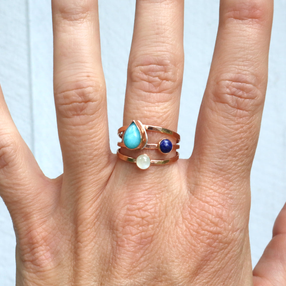 one of a kind 14k gold filled hammered triple ring band featuring amazonite, lapis and aquamarine gemstones