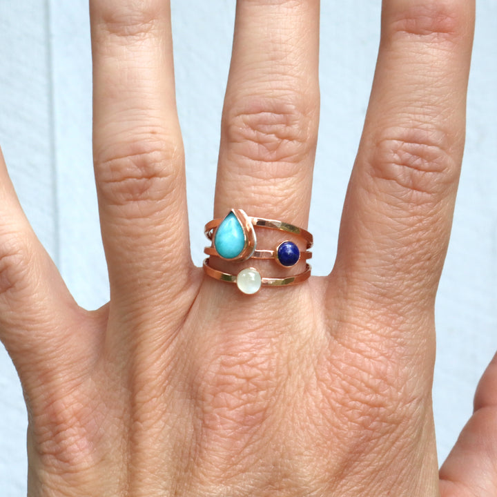 one of a kind 14k gold filled hammered triple ring band featuring amazonite, lapis and aquamarine gemstones