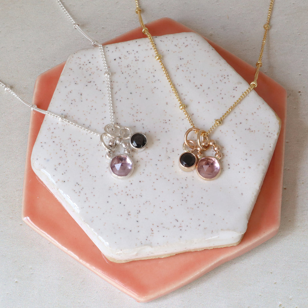 one of a kind charm necklaces with amethyst and black CZ in sterling silver or 14k gold filled