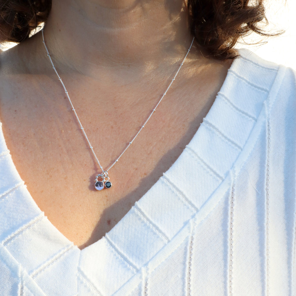 one of a kind charm necklaces with amethyst and black CZ in sterling silver or 14k gold filled