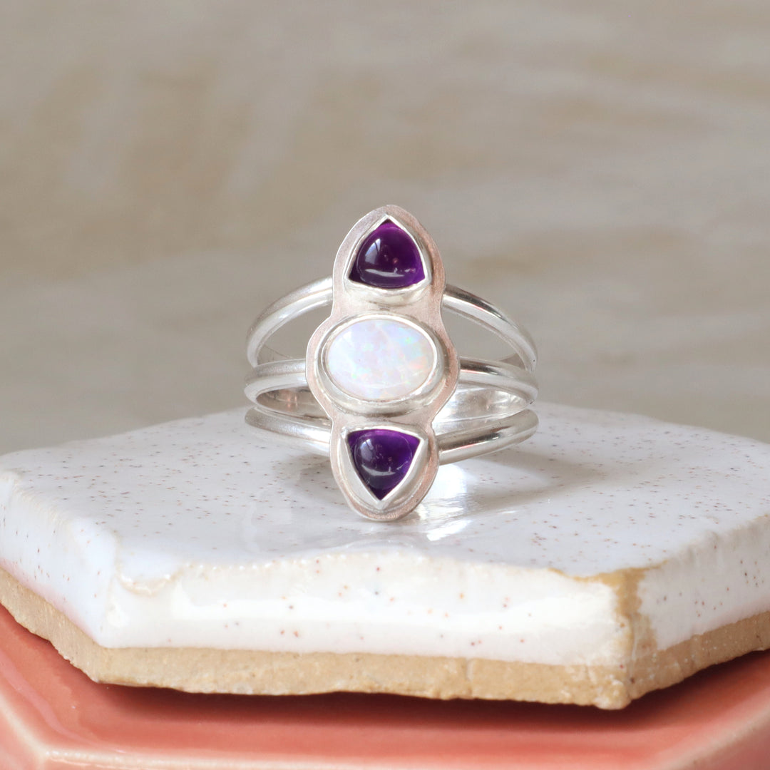 Sterling silver one of a kind ring with purple amethyst and opal gemstones 