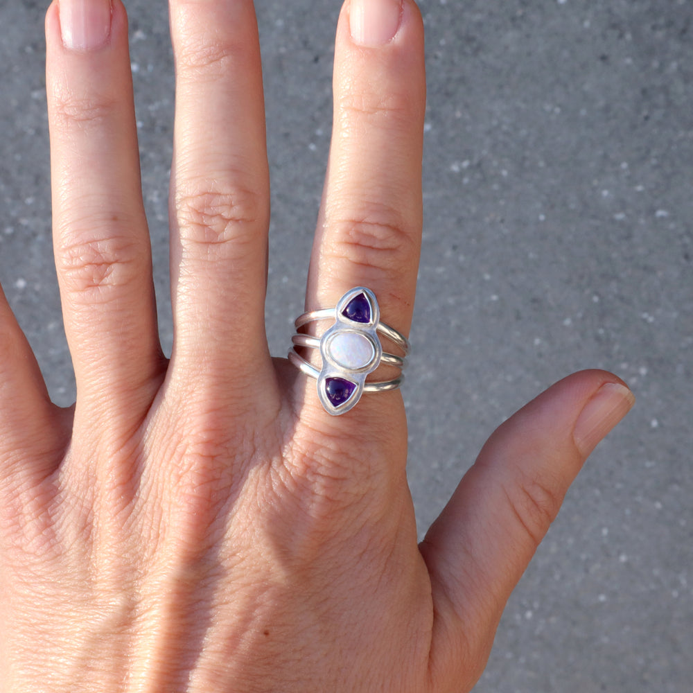 Sterling silver one of a kind ring with purple amethyst and opal gemstones 