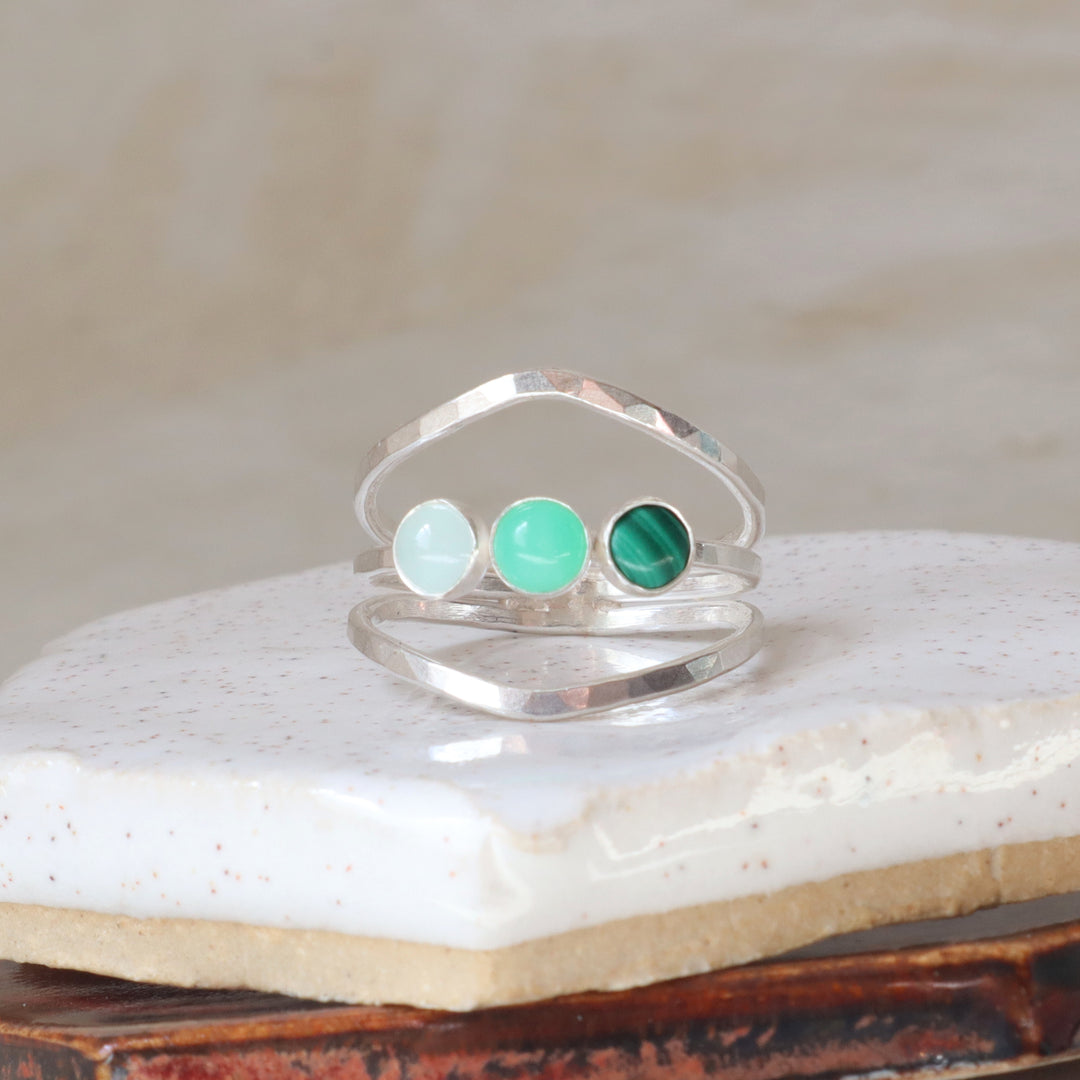 Sterling silver one of a kind ring with aquamarine chrysoprase and malachite gemstones