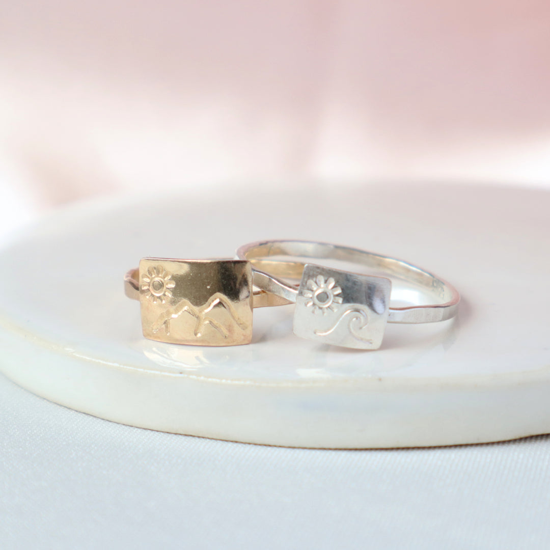 mountain and beach scene rings in sterling silver or 14k gold filled