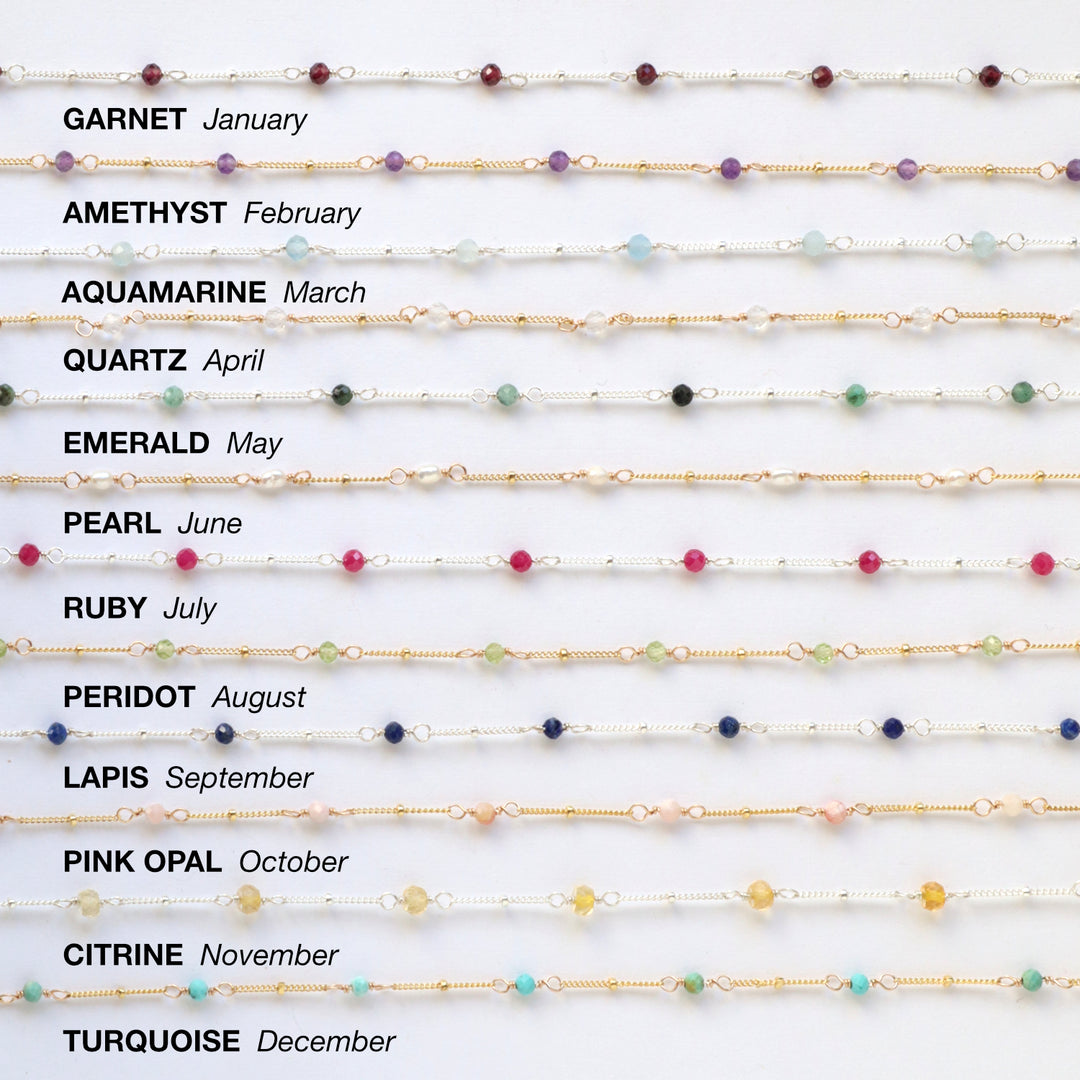 birhstone gemstones available with their corresponding months: garnet, amethyst, aquamarine, quartz, emerald, pearl, ruby, peridot, lapis, pink opal, citrine and turquoise