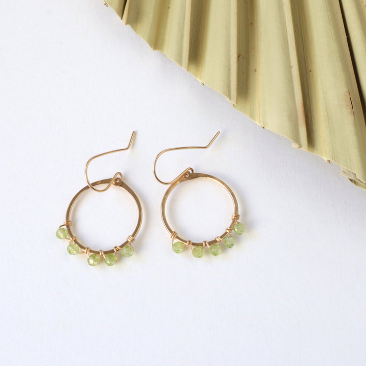 birthstone hoop earrings in 14k gold filled with august birthstone peridot