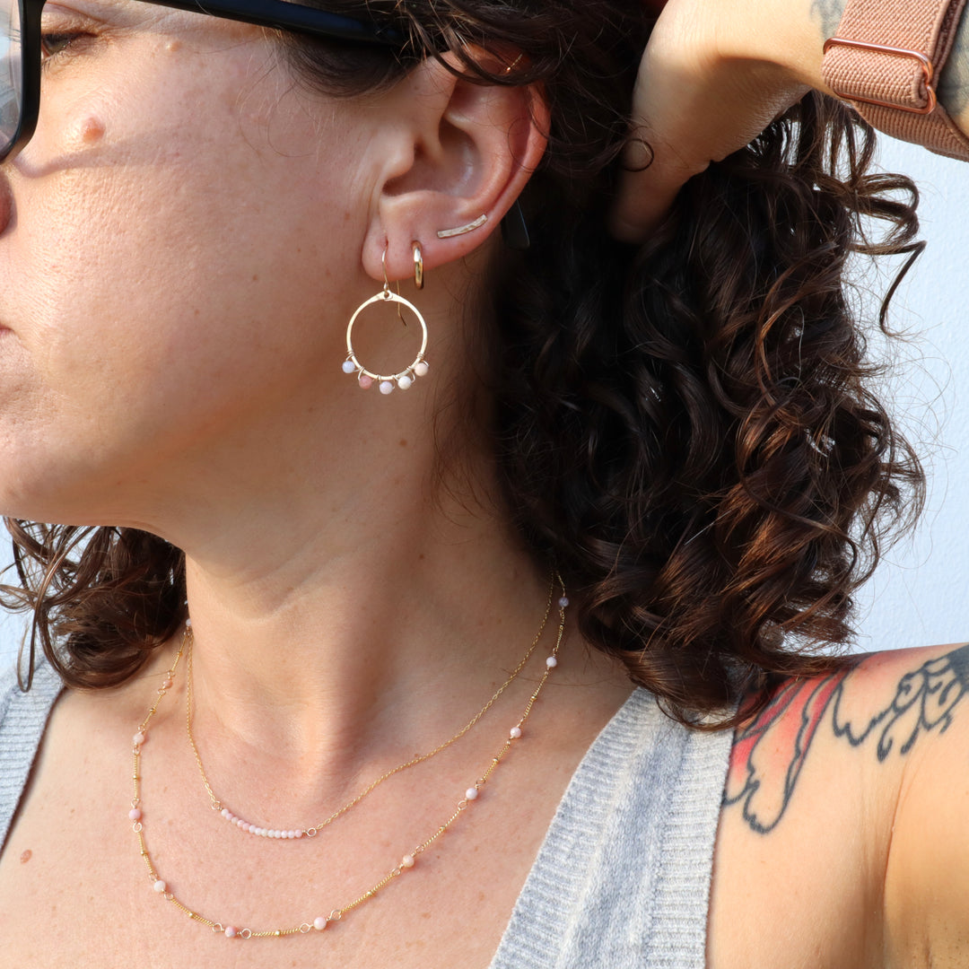 birthstone hoop earrings and matching birthstone necklace in 14k gold filled with october gemstone pink opal