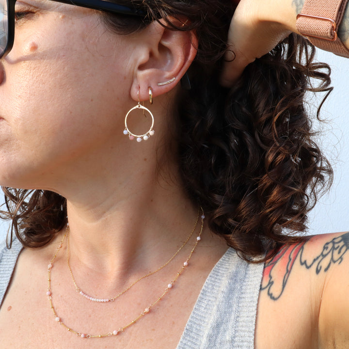 birthstone hoop earrings and matching birthstone necklace in 14k gold filled with october gemstone pink opal