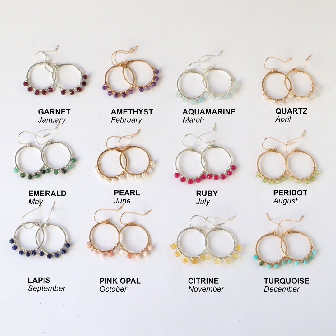birthstone hoop earrings gemstone options in sterling silver or 14k gold filled: garnet, amethyst, aquamarine, quartz, emerald, pearl, ruby, peridot, lapis, pink opal, citrine, turquoise