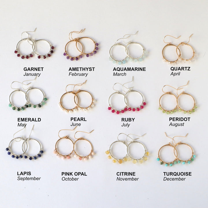 birthstone hoop earrings gemstone options in sterling silver or 14k gold filled: garnet, amethyst, aquamarine, quartz, emerald, pearl, ruby, peridot, lapis, pink opal, citrine, turquoise