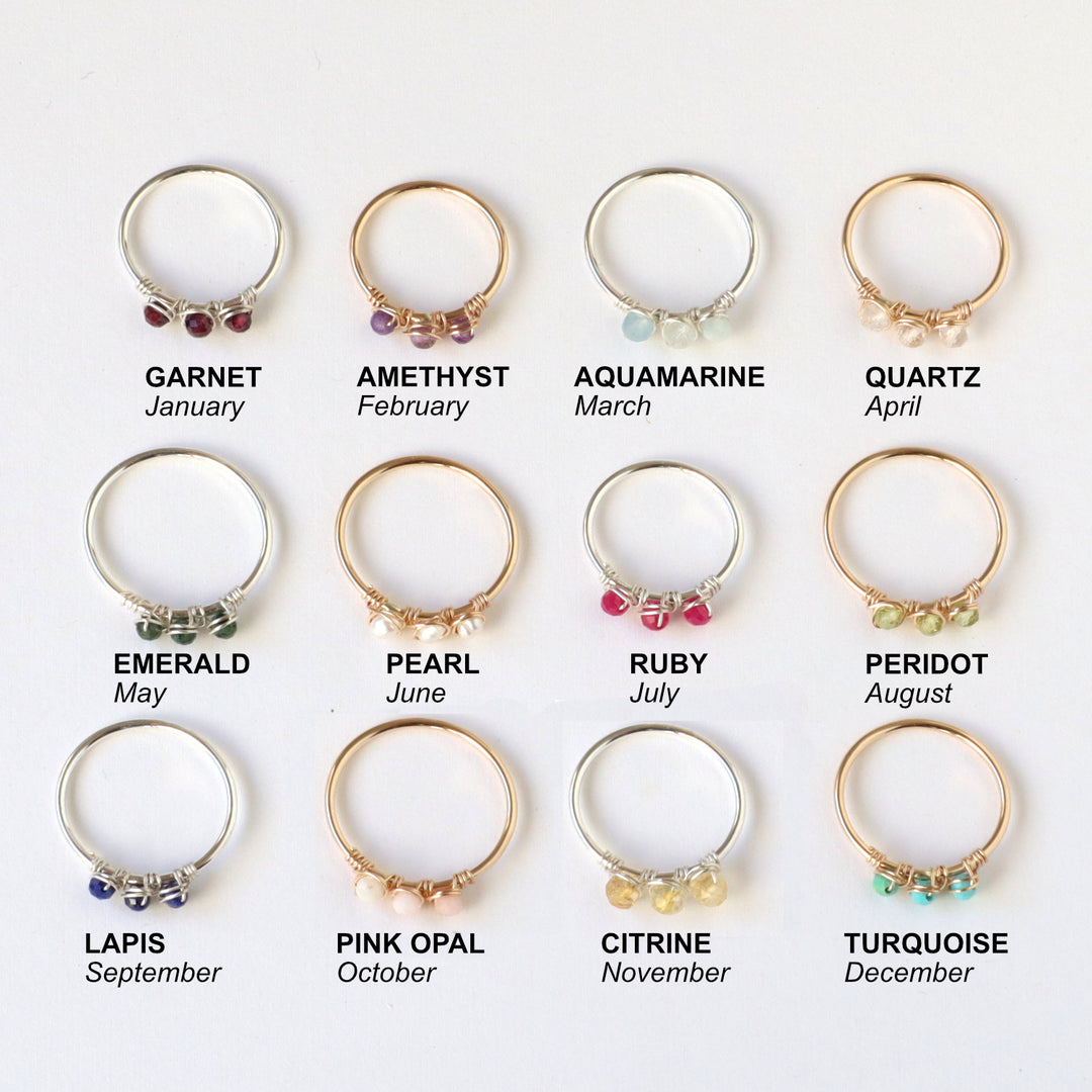 birthstone rings in sterling silver or 14k gold filled and garnet, amethyst, aquamarine, quartz, emerald, pearl, ruby, peridot, lapis, citrine, pink opal and turquoise